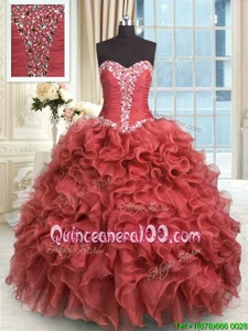 Simple Rust Red Sweetheart Lace Up Beading and Ruffles Quinceanera Dresses Sleeveless