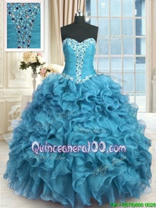 Superior Baby Blue Sleeveless Floor Length Beading and Ruffles Lace Up Sweet 16 Dress