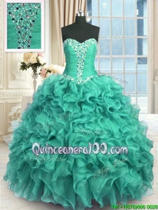 Stunning Turquoise Ball Gowns Sweetheart Sleeveless Organza Floor Length Lace Up Beading and Ruffles 15 Quinceanera Dress