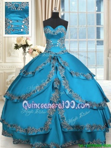 Excellent Blue Ball Gowns Sweetheart Sleeveless Taffeta Floor Length Lace Up Beading and Embroidery and Ruffled Layers Quinceanera Dresses