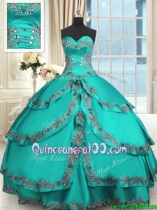 Beauteous Turquoise 15th Birthday Dress Military Ball and Sweet 16 and Quinceanera and For withBeading and Embroidery and Ruffled Layers Sweetheart Sleeveless Lace Up
