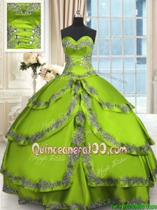 Floor Length Spring Green and Yellow Green Quinceanera Dresses Taffeta Sleeveless Spring and Summer and Fall and Winter Beading and Embroidery and Ruffled Layers