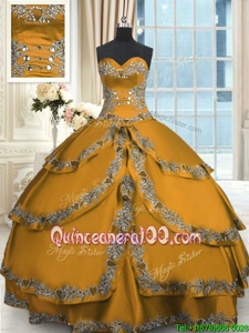 Beauteous Gold Lace Up Ball Gown Prom Dress Beading and Embroidery and Ruffled Layers Sleeveless Floor Length