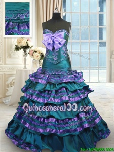 Custom Fit Mermaid Sweetheart Sleeveless Quinceanera Gown Sweep Train Appliques and Ruffled Layers and Bowknot Peacock Green Taffeta