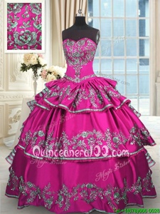On Sale Sweetheart Sleeveless Ball Gown Prom Dress Floor Length Embroidery and Ruffled Layers Fuchsia Satin