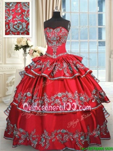 Exquisite Red 15th Birthday Dress Military Ball and Sweet 16 and Quinceanera and For withEmbroidery and Ruffled Layers Sweetheart Sleeveless Lace Up