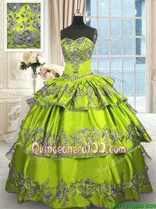 Simple Yellow Green Taffeta Lace Up Sweetheart Sleeveless Floor Length Vestidos de Quinceanera Embroidery and Ruffled Layers