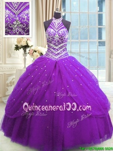 Luxury Purple Tulle Lace Up High-neck Sleeveless Floor Length Ball Gown Prom Dress Beading