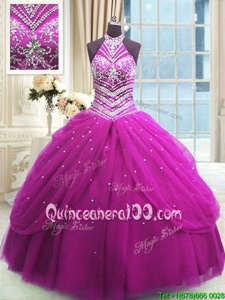 Unique Fuchsia Ball Gowns High-neck Sleeveless Tulle Floor Length Lace Up Beading Ball Gown Prom Dress