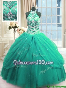 High-neck Sleeveless Tulle Quinceanera Dress Beading Lace Up