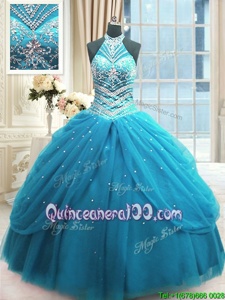 Edgy Baby Blue Lace Up Quinceanera Gowns Beading Sleeveless Floor Length