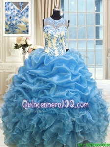 On Sale Scoop Baby Blue Organza Zipper Ball Gown Prom Dress Sleeveless Floor Length Beading and Ruffles