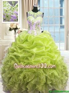 Colorful Scoop Yellow Green Sleeveless Organza Zipper Quince Ball Gowns forMilitary Ball and Sweet 16 and Quinceanera