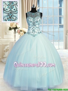 Fantastic Light Blue Ball Gowns Tulle Scoop Sleeveless Beading Floor Length Lace Up Quinceanera Dresses