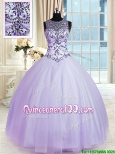 Shining Scoop Sleeveless Tulle Floor Length Lace Up Sweet 16 Quinceanera Dress inLavender forSpring and Summer and Fall and Winter withBeading