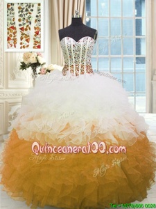 Pretty White and Gold Sweetheart Neckline Beading and Ruffles Sweet 16 Dresses Sleeveless Lace Up