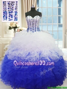 Sumptuous Floor Length Blue And White 15th Birthday Dress Organza Sleeveless Spring and Summer and Fall and Winter Beading and Ruffles
