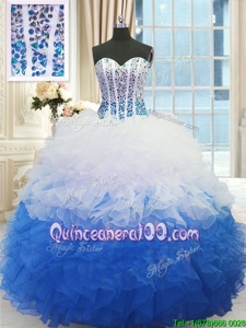 High End Floor Length Blue And White Vestidos de Quinceanera Organza Sleeveless Spring and Summer and Fall and Winter Beading and Ruffles