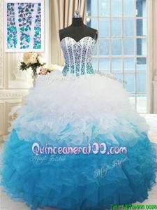 Exquisite Blue And White Sleeveless Beading and Ruffles Floor Length Quinceanera Dress
