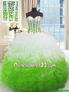 New Style White and Green Lace Up Sweetheart Beading and Ruffles Quinceanera Gown Organza Sleeveless