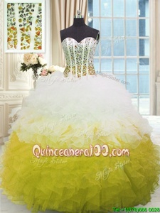 Designer Floor Length Lace Up Ball Gown Prom Dress Yellow And White and In forMilitary Ball and Sweet 16 and Quinceanera withBeading and Ruffles