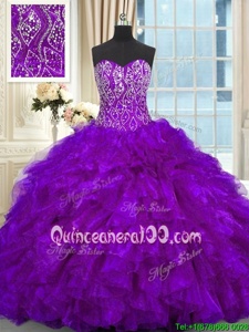 Stunning Beading and Ruffles 15 Quinceanera Dress Purple Lace Up Sleeveless Brush Train