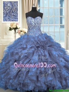 Sexy Light Blue Organza Lace Up Sweetheart Sleeveless Quinceanera Gowns Brush Train Beading and Ruffles