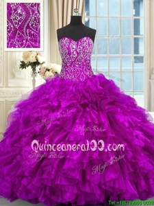 High Class Sleeveless Beading and Ruffles Lace Up Sweet 16 Dresses with Purple Brush Train