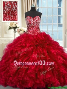 Best Selling Sleeveless Brush Train Beading and Ruffles Lace Up Quinceanera Gown