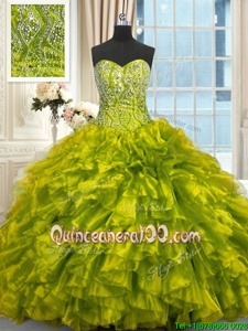 Custom Designed Yellow Green Ball Gowns Organza Sweetheart Sleeveless Beading and Ruffles Lace Up 15 Quinceanera Dress Brush Train