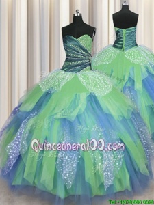 Glittering Floor Length Lace Up Quinceanera Dresses Green and In forMilitary Ball and Sweet 16 and Quinceanera withBeading and Ruching