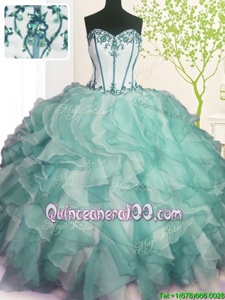 Luxurious Sleeveless Organza Floor Length Lace Up 15 Quinceanera Dress inGreen forSpring and Summer and Fall and Winter withBeading and Ruffles