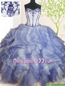 Sumptuous Beading and Ruffles 15th Birthday Dress Blue And White Lace Up Sleeveless Floor Length