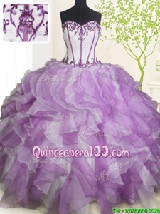 Suitable White And Purple Sweetheart Lace Up Beading and Ruffles Ball Gown Prom Dress Sleeveless