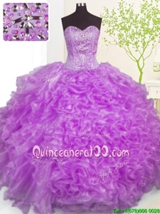 Romantic Sleeveless Floor Length Beading and Ruffles and Pick Ups Lace Up Ball Gown Prom Dress with Purple