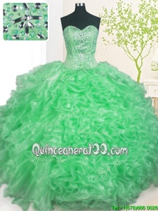 New Style Apple Green Ball Gowns Organza Sweetheart Sleeveless Beading and Ruffles and Pick Ups Floor Length Lace Up Sweet 16 Dress