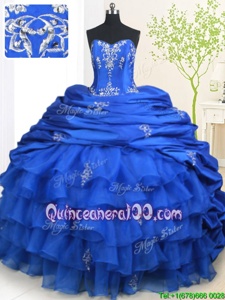 Fabulous Pick Ups Ruffled With Train Royal Blue Ball Gown Prom Dress Strapless Sleeveless Brush Train Lace Up