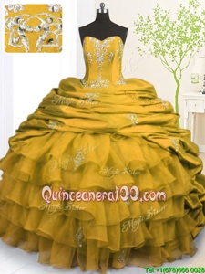 Exceptional With Train Lace Up Vestidos de Quinceanera Gold and In forMilitary Ball and Sweet 16 and Quinceanera withBeading and Appliques and Ruffled Layers and Pick Ups Brush Train