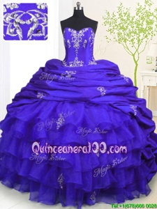 Glittering Beading and Appliques and Ruffled Layers and Pick Ups 15th Birthday Dress Royal Blue Lace Up Sleeveless With Brush Train