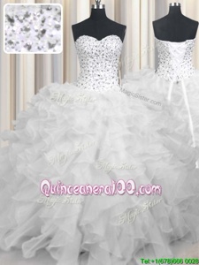 Traditional White Sweet 16 Dress Military Ball and Sweet 16 and Quinceanera and For withBeading and Ruffles Sweetheart Sleeveless Lace Up