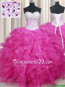 Clearance Halter Top Hot Pink Sleeveless Beading and Ruffles Floor Length Sweet 16 Dress