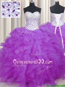 Wonderful Lilac Organza Lace Up Sweetheart Sleeveless Floor Length Sweet 16 Quinceanera Dress Beading and Ruffles