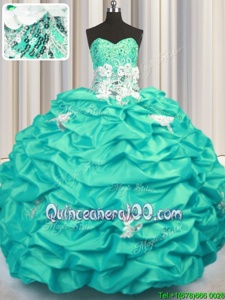 Flirting Sequins Pick Ups With Train Turquoise Vestidos de Quinceanera Sweetheart Sleeveless Brush Train Lace Up