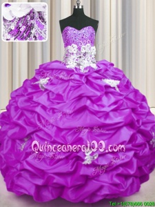 High Class Lilac Taffeta Lace Up Ball Gown Prom Dress Sleeveless With Brush Train Appliques and Sequins and Pick Ups