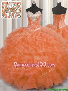 Nice Orange Sleeveless Organza Lace Up Sweet 16 Quinceanera Dress forMilitary Ball and Sweet 16 and Quinceanera