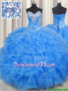 Stylish Sweetheart Sleeveless Quinceanera Dresses Floor Length Beading and Ruffles Baby Blue Organza