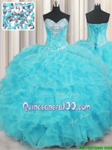 On Sale Organza Sweetheart Sleeveless Lace Up Beading and Ruffles Quinceanera Dresses inAqua Blue