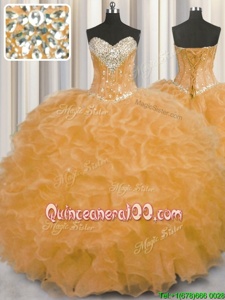 Adorable Orange Lace Up Sweetheart Beading and Ruffles Quince Ball Gowns Organza Sleeveless