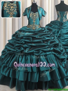 Suitable Teal Ball Gowns Beading and Appliques and Pick Ups Quinceanera Dresses Lace Up Taffeta Sleeveless With Train