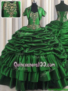 Romantic Dark Green Taffeta Lace Up Ball Gown Prom Dress Sleeveless With Brush Train Beading and Appliques and Pick Ups